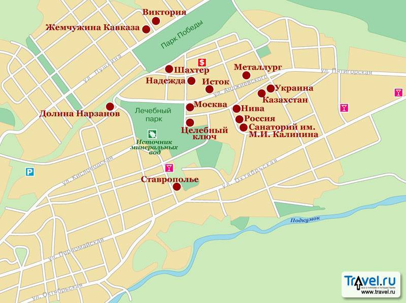 Карта минеральных вод с улицами и достопримечательностями - туристический блог ласус