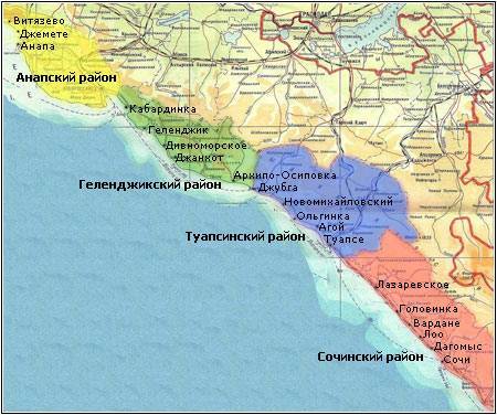 Подробная карта курортов краснодарского края на побережье чёрного моря