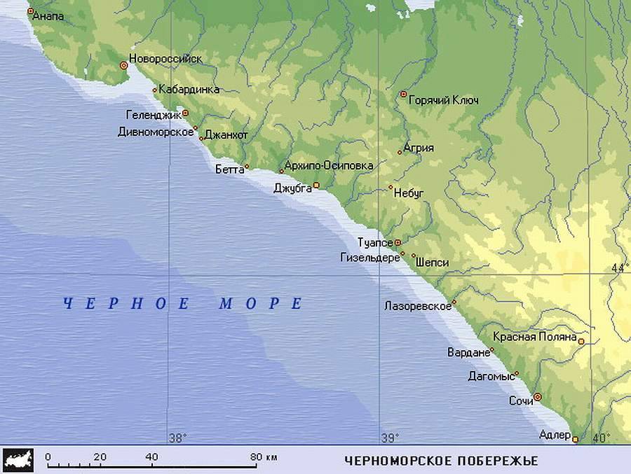 Подробная карта черноморского побережья россии и его курорты
