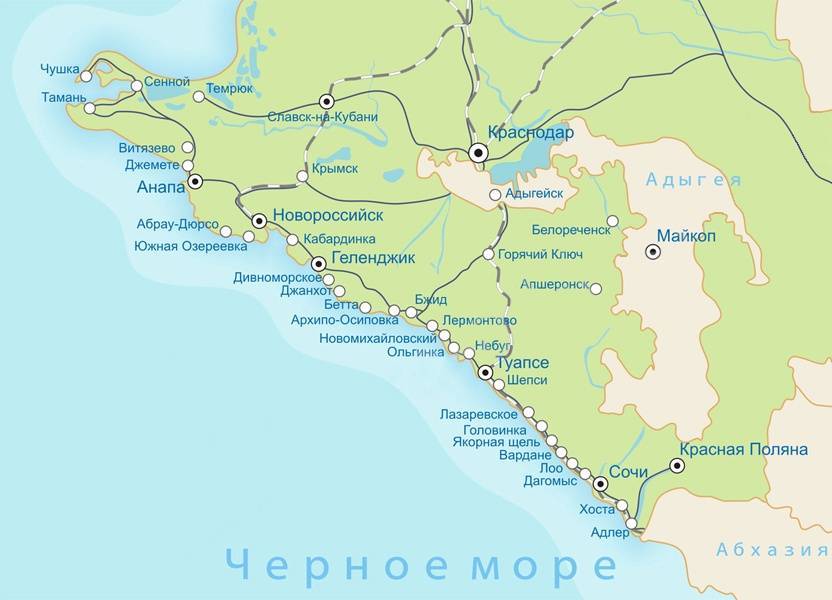 Побережье черного моря: карта с городами и странами (россии, крыма, абхазии)