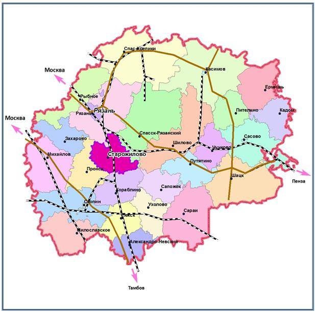 Подробная карта района c поселками - рязанский район / рязанская область / россия