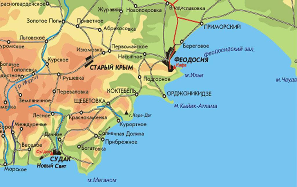 Крым: подробная карта побережья с городами и поселками