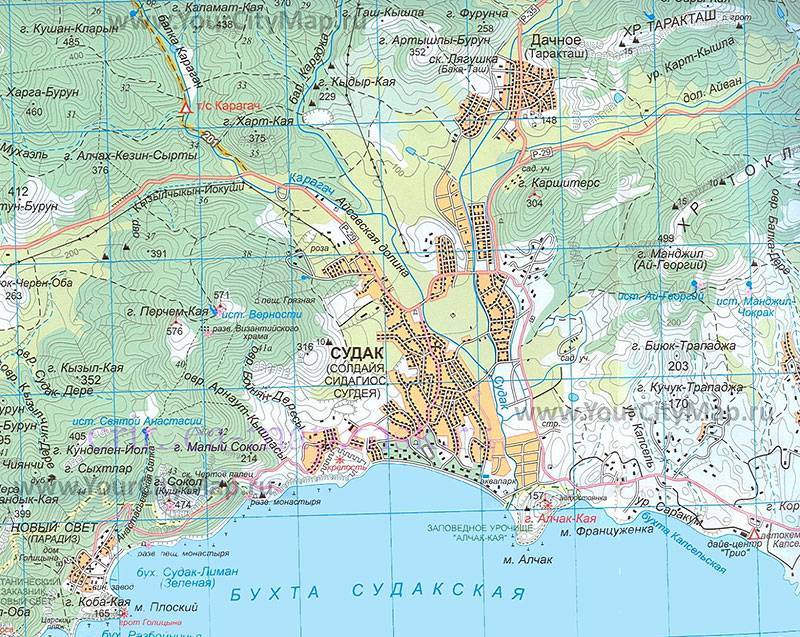 Карта судака с отелями, достопримечательностями, курортами, транспортом
